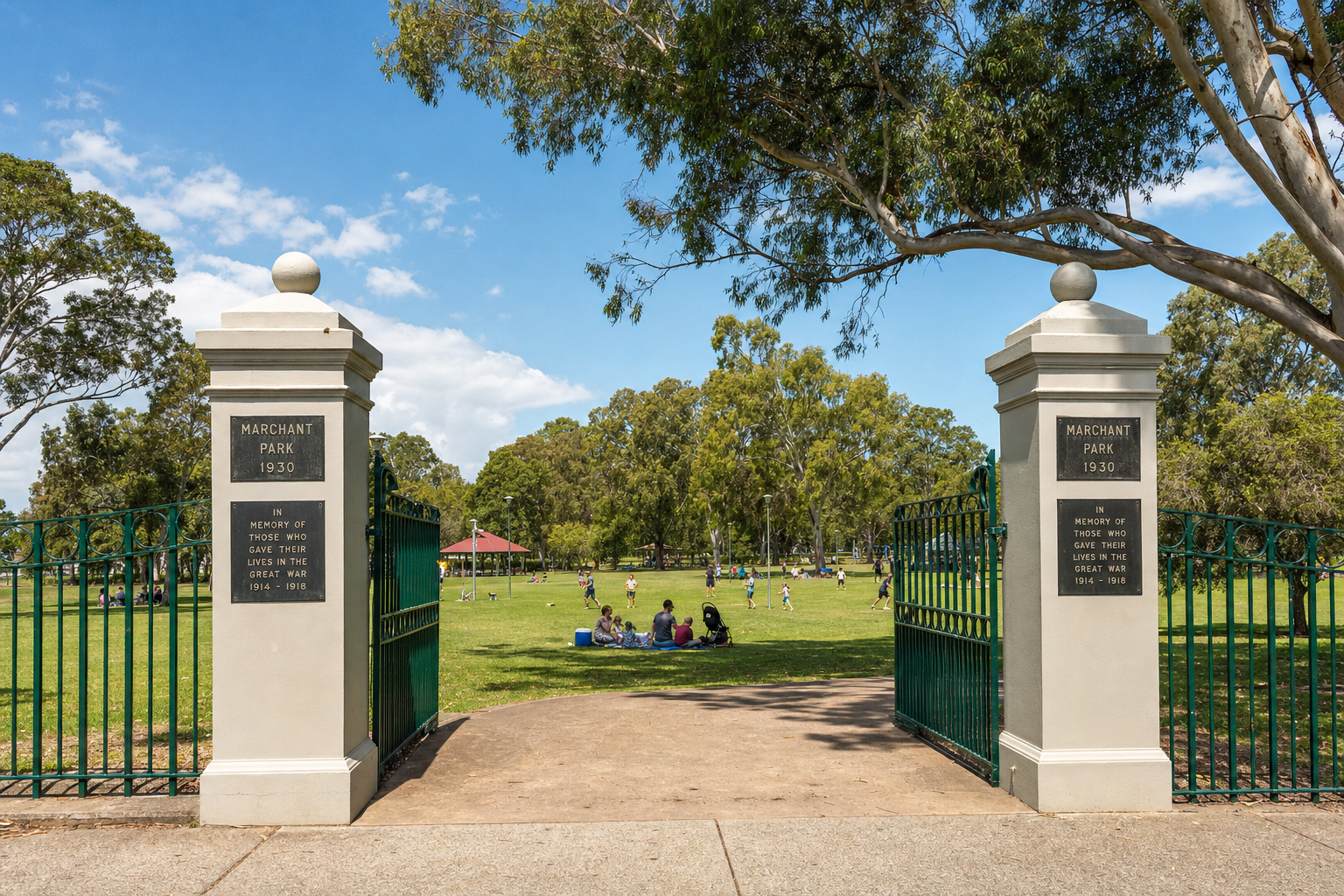 Marchant Park in Aspley — green lawns, mature trees and the memorial gates